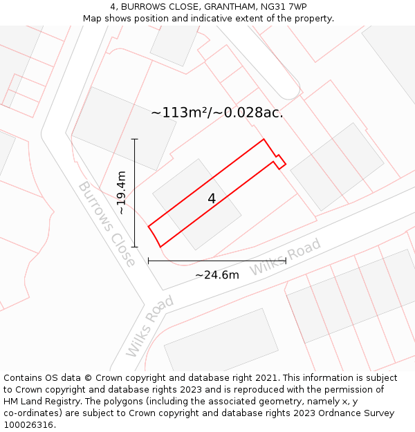 4, BURROWS CLOSE, GRANTHAM, NG31 7WP: Plot and title map