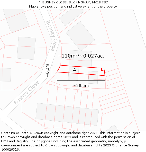 4, BUSHEY CLOSE, BUCKINGHAM, MK18 7BD: Plot and title map