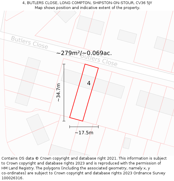 4, BUTLERS CLOSE, LONG COMPTON, SHIPSTON-ON-STOUR, CV36 5JY: Plot and title map