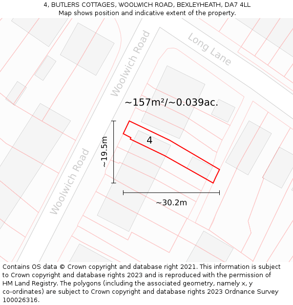 4, BUTLERS COTTAGES, WOOLWICH ROAD, BEXLEYHEATH, DA7 4LL: Plot and title map