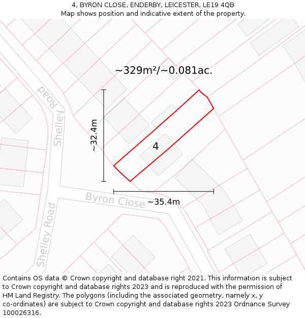 4, BYRON CLOSE, ENDERBY, LEICESTER, LE19 4QB: Plot and title map