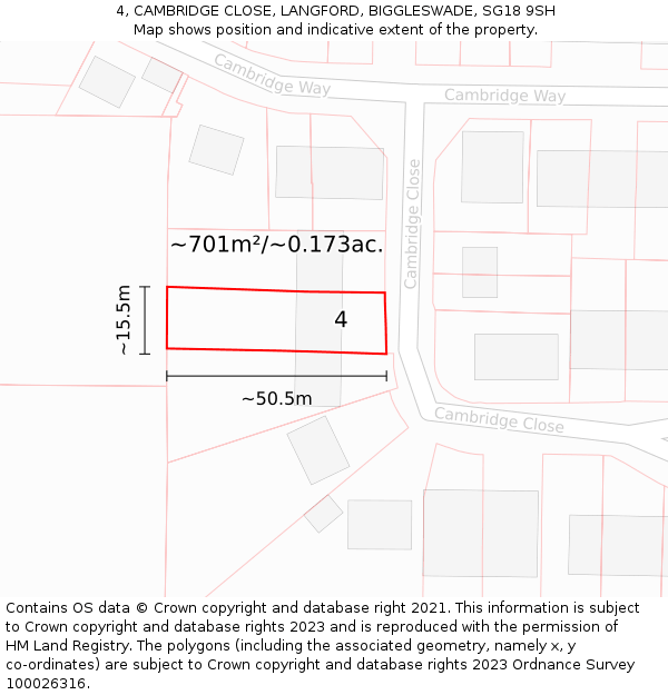 4, CAMBRIDGE CLOSE, LANGFORD, BIGGLESWADE, SG18 9SH: Plot and title map