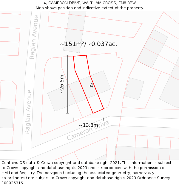 4, CAMERON DRIVE, WALTHAM CROSS, EN8 8BW: Plot and title map