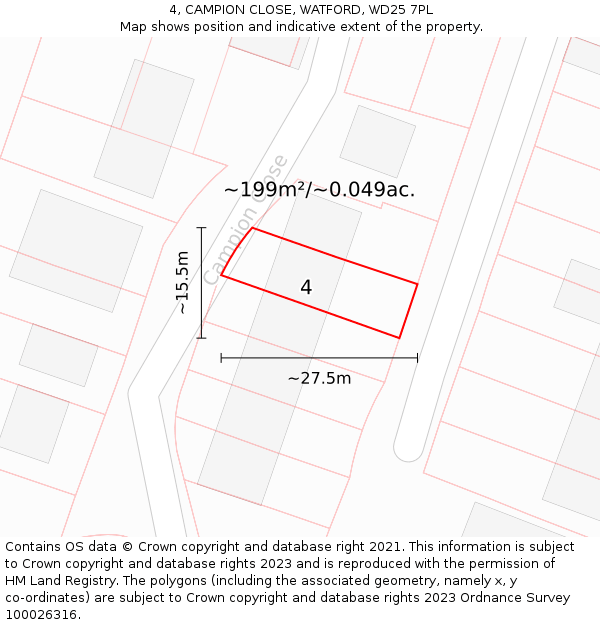 4, CAMPION CLOSE, WATFORD, WD25 7PL: Plot and title map