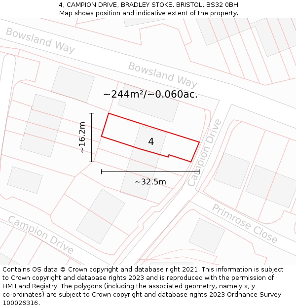 4, CAMPION DRIVE, BRADLEY STOKE, BRISTOL, BS32 0BH: Plot and title map