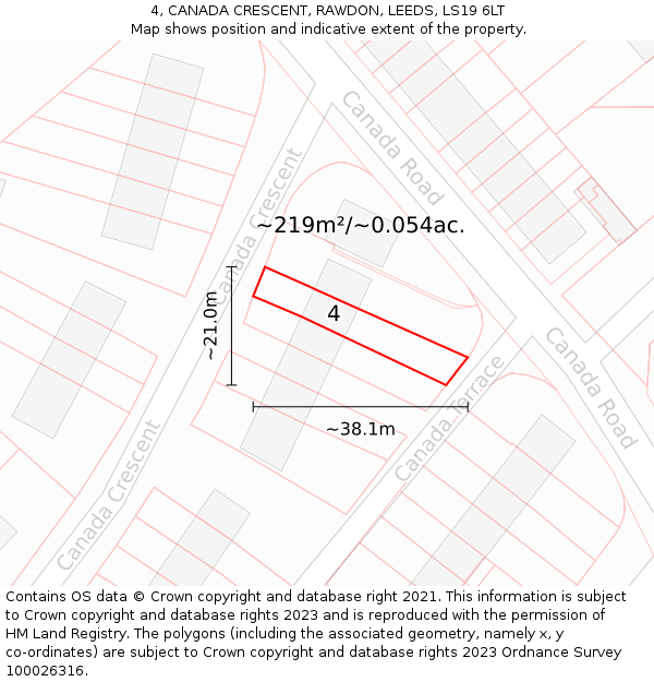 4, CANADA CRESCENT, RAWDON, LEEDS, LS19 6LT: Plot and title map
