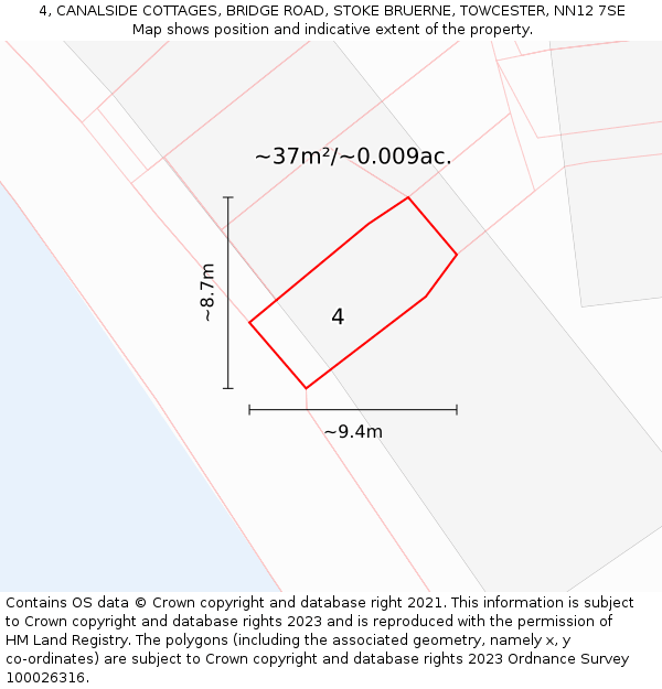 4, CANALSIDE COTTAGES, BRIDGE ROAD, STOKE BRUERNE, TOWCESTER, NN12 7SE: Plot and title map