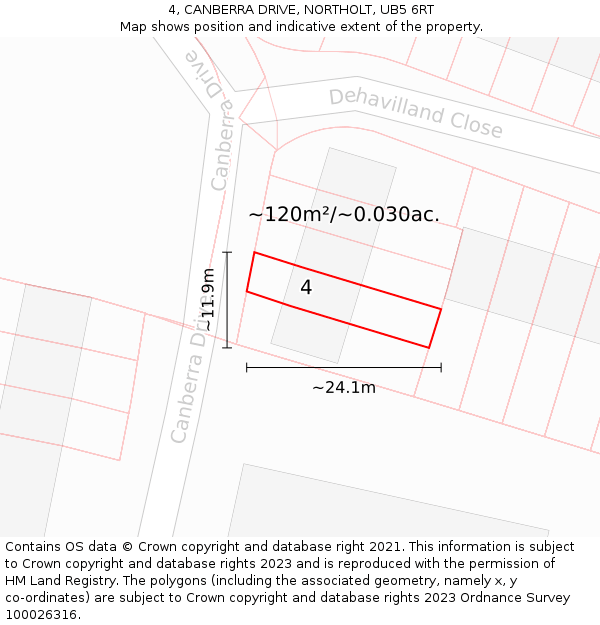 4, CANBERRA DRIVE, NORTHOLT, UB5 6RT: Plot and title map