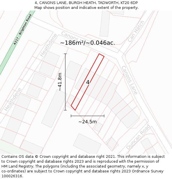 4, CANONS LANE, BURGH HEATH, TADWORTH, KT20 6DP: Plot and title map