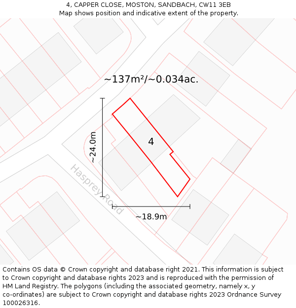 4, CAPPER CLOSE, MOSTON, SANDBACH, CW11 3EB: Plot and title map