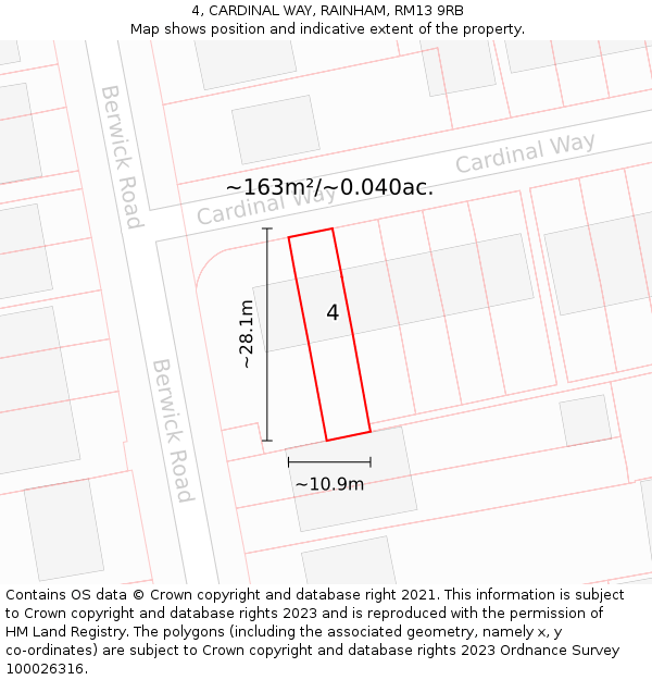 4, CARDINAL WAY, RAINHAM, RM13 9RB: Plot and title map