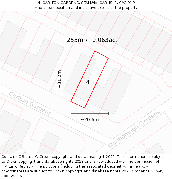 4, CARLTON GARDENS, STANWIX, CARLISLE, CA3 9NP: Plot and title map