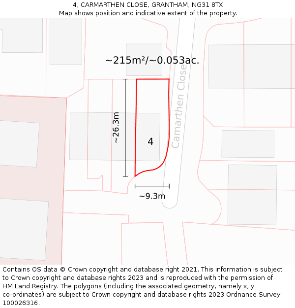 4, CARMARTHEN CLOSE, GRANTHAM, NG31 8TX: Plot and title map