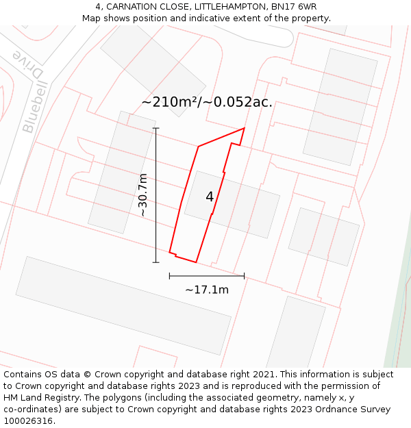 4, CARNATION CLOSE, LITTLEHAMPTON, BN17 6WR: Plot and title map