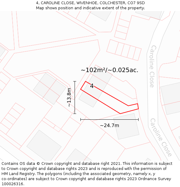 4, CAROLINE CLOSE, WIVENHOE, COLCHESTER, CO7 9SD: Plot and title map