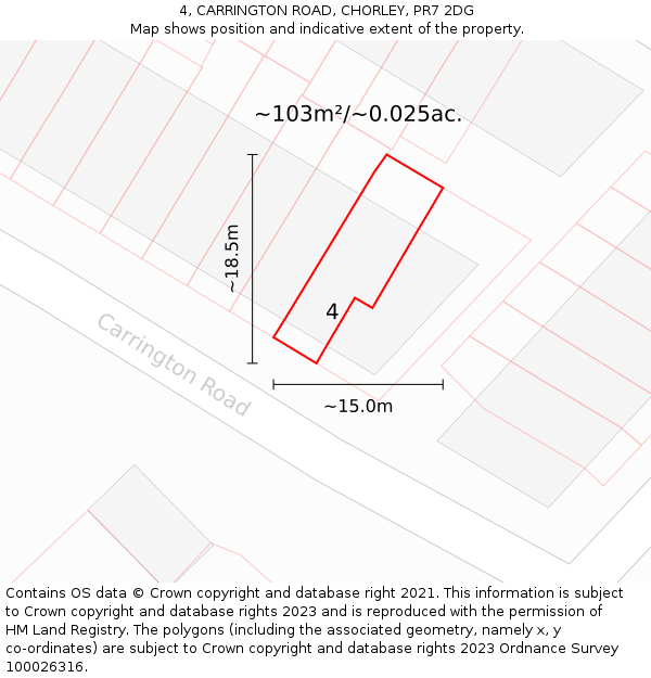 4, CARRINGTON ROAD, CHORLEY, PR7 2DG: Plot and title map