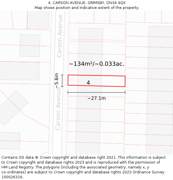 4, CARSON AVENUE, GRIMSBY, DN34 4QX: Plot and title map