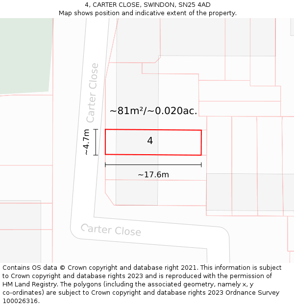 4, CARTER CLOSE, SWINDON, SN25 4AD: Plot and title map