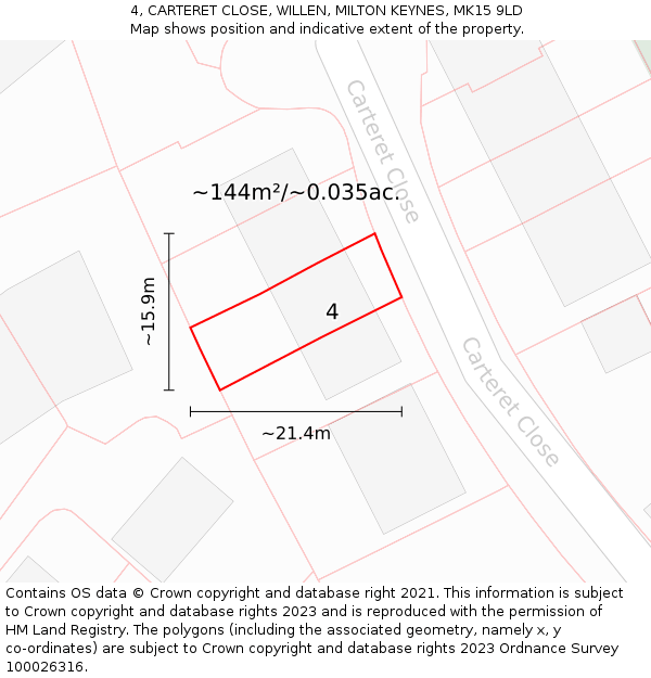 4, CARTERET CLOSE, WILLEN, MILTON KEYNES, MK15 9LD: Plot and title map
