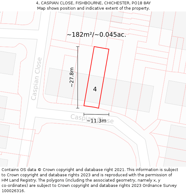 4, CASPIAN CLOSE, FISHBOURNE, CHICHESTER, PO18 8AY: Plot and title map