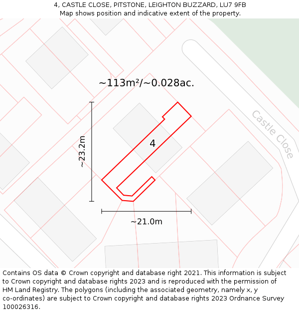 4, CASTLE CLOSE, PITSTONE, LEIGHTON BUZZARD, LU7 9FB: Plot and title map