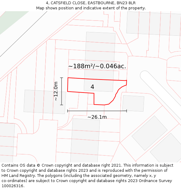 4, CATSFIELD CLOSE, EASTBOURNE, BN23 8LR: Plot and title map