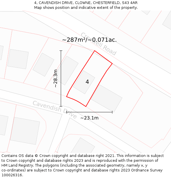 4, CAVENDISH DRIVE, CLOWNE, CHESTERFIELD, S43 4AR: Plot and title map