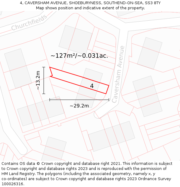 4, CAVERSHAM AVENUE, SHOEBURYNESS, SOUTHEND-ON-SEA, SS3 8TY: Plot and title map
