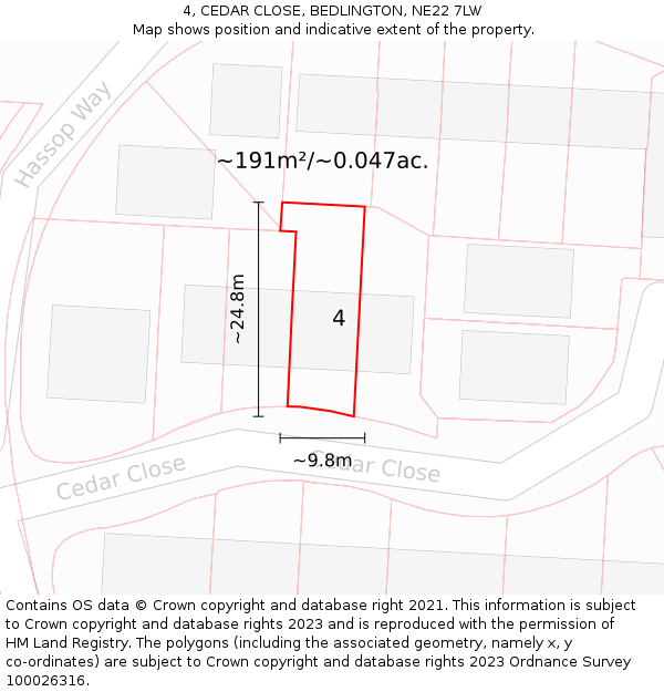 4, CEDAR CLOSE, BEDLINGTON, NE22 7LW: Plot and title map