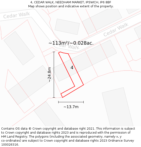 4, CEDAR WALK, NEEDHAM MARKET, IPSWICH, IP6 8BF: Plot and title map