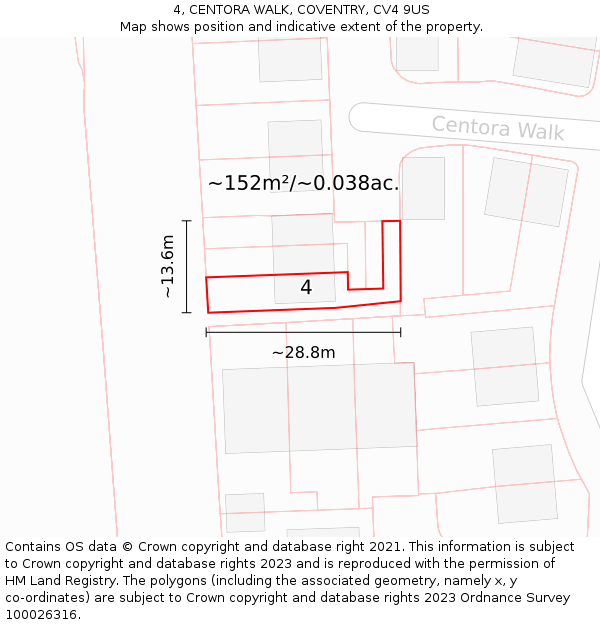 4, CENTORA WALK, COVENTRY, CV4 9US: Plot and title map