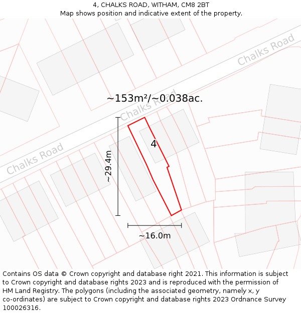 4, CHALKS ROAD, WITHAM, CM8 2BT: Plot and title map
