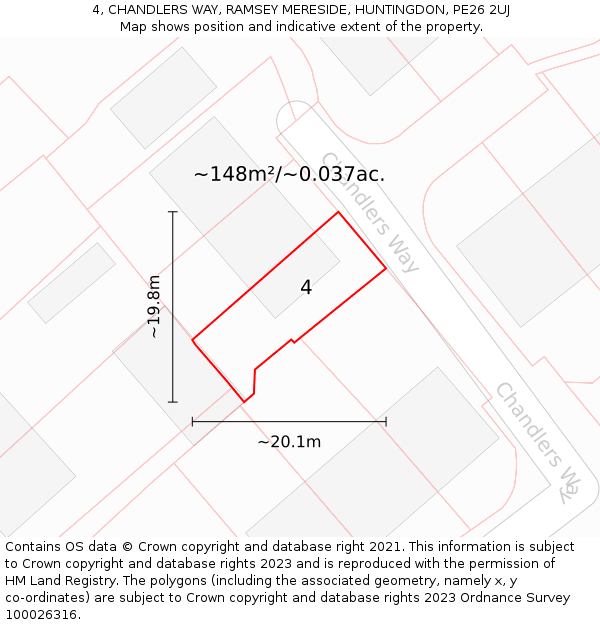 4, CHANDLERS WAY, RAMSEY MERESIDE, HUNTINGDON, PE26 2UJ: Plot and title map
