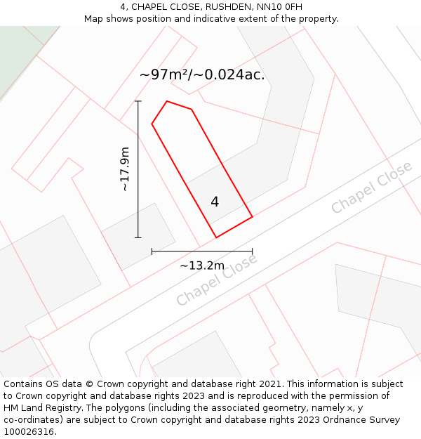 4, CHAPEL CLOSE, RUSHDEN, NN10 0FH: Plot and title map