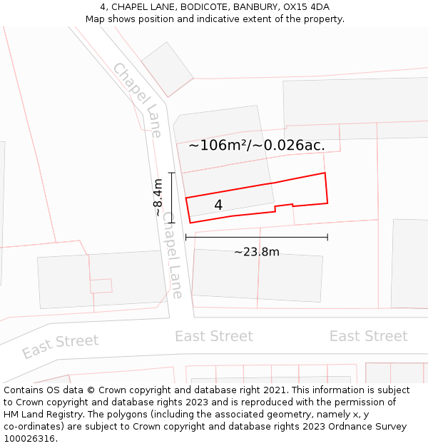 4, CHAPEL LANE, BODICOTE, BANBURY, OX15 4DA: Plot and title map