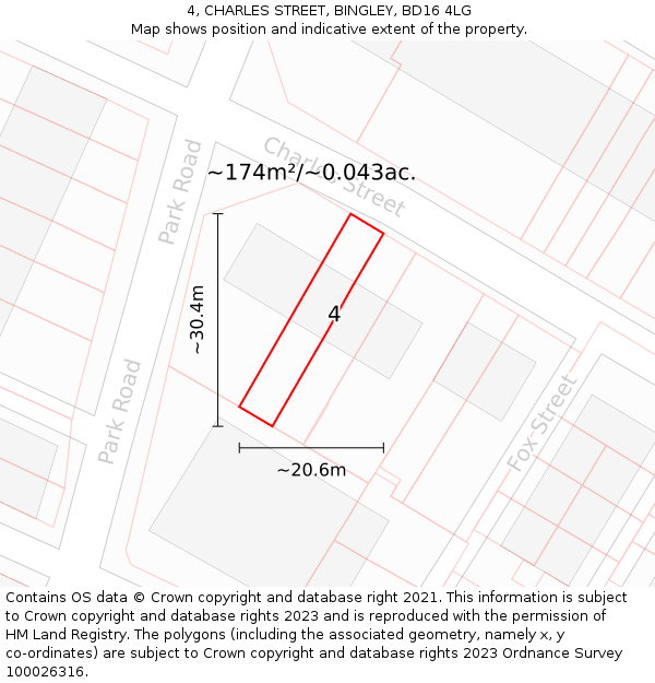 4, CHARLES STREET, BINGLEY, BD16 4LG: Plot and title map