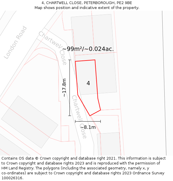 4, CHARTWELL CLOSE, PETERBOROUGH, PE2 9BE: Plot and title map
