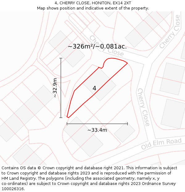 4, CHERRY CLOSE, HONITON, EX14 2XT: Plot and title map