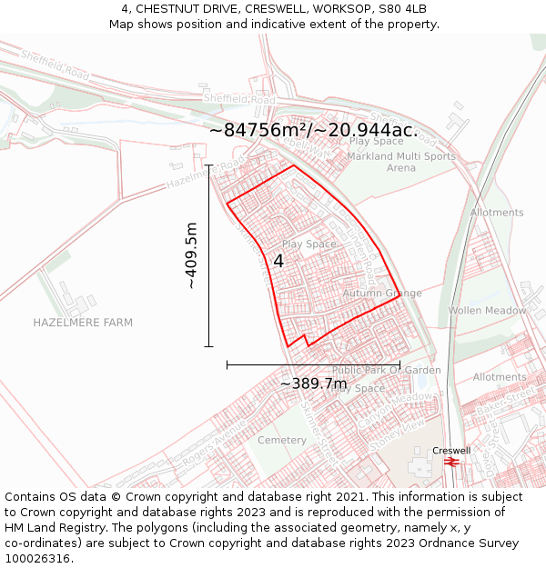 4, CHESTNUT DRIVE, CRESWELL, WORKSOP, S80 4LB: Plot and title map