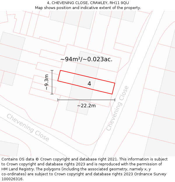 4, CHEVENING CLOSE, CRAWLEY, RH11 9QU: Plot and title map