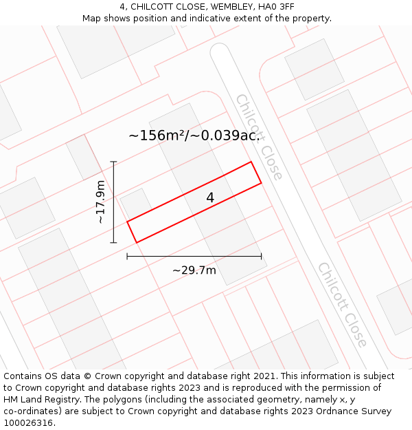 4, CHILCOTT CLOSE, WEMBLEY, HA0 3FF: Plot and title map