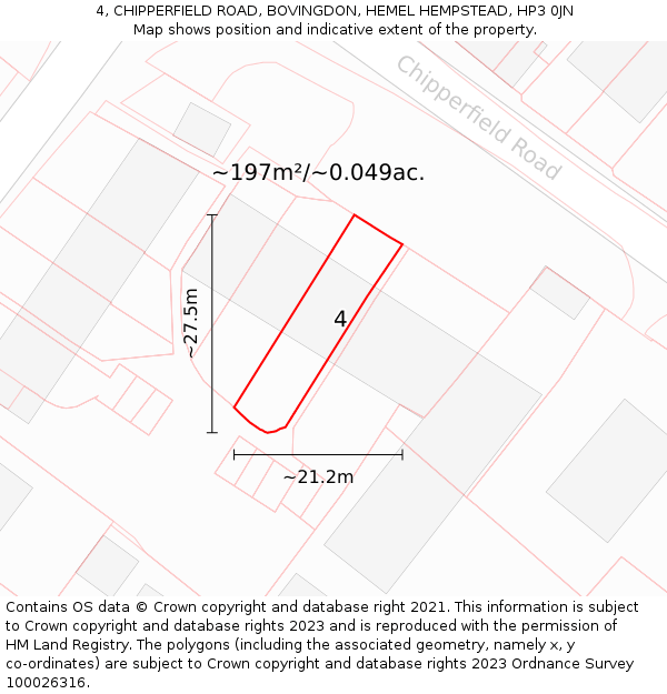 4, CHIPPERFIELD ROAD, BOVINGDON, HEMEL HEMPSTEAD, HP3 0JN: Plot and title map
