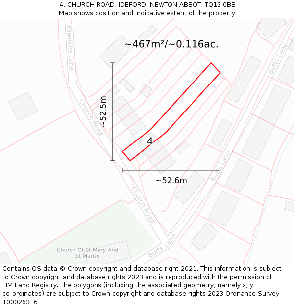 4, CHURCH ROAD, IDEFORD, NEWTON ABBOT, TQ13 0BB: Plot and title map