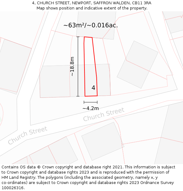 4, CHURCH STREET, NEWPORT, SAFFRON WALDEN, CB11 3RA: Plot and title map