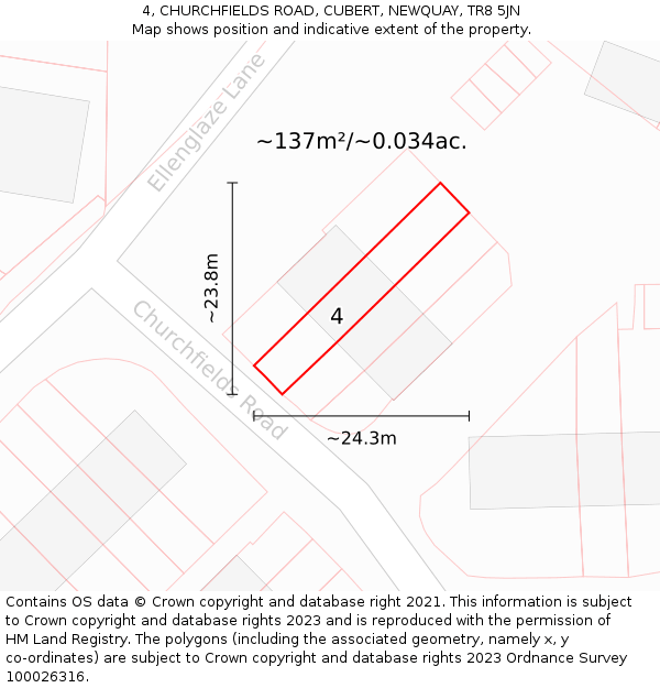 4, CHURCHFIELDS ROAD, CUBERT, NEWQUAY, TR8 5JN: Plot and title map