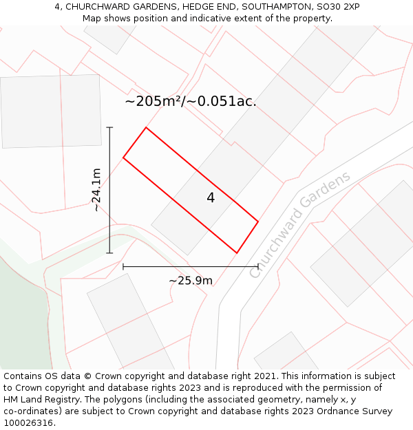4, CHURCHWARD GARDENS, HEDGE END, SOUTHAMPTON, SO30 2XP: Plot and title map
