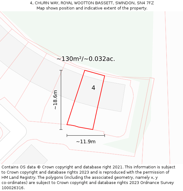 4, CHURN WAY, ROYAL WOOTTON BASSETT, SWINDON, SN4 7FZ: Plot and title map