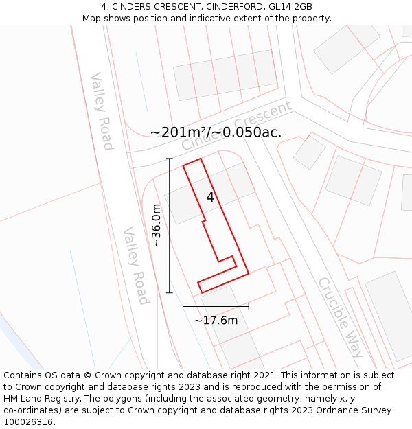 4, CINDERS CRESCENT, CINDERFORD, GL14 2GB: Plot and title map