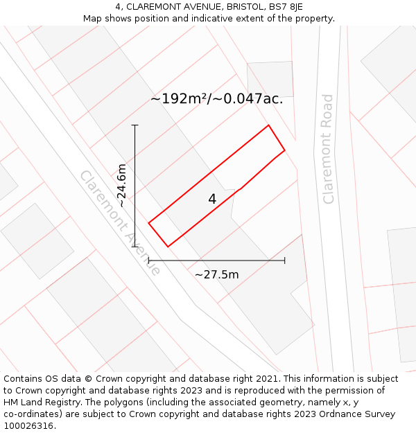 4, CLAREMONT AVENUE, BRISTOL, BS7 8JE: Plot and title map