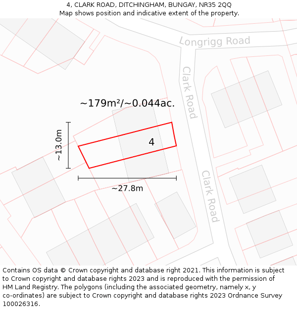 4, CLARK ROAD, DITCHINGHAM, BUNGAY, NR35 2QQ: Plot and title map